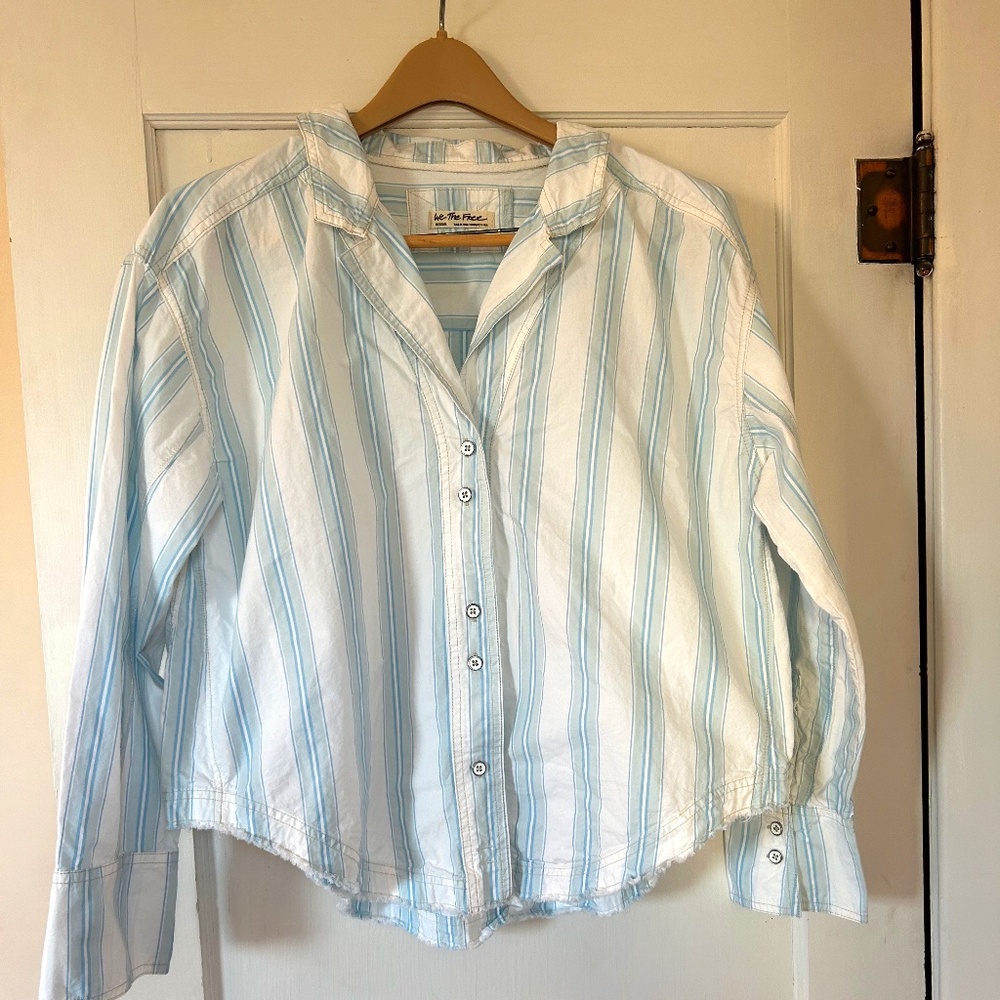 We The Free Button Down Striped Light Blue White Kelia Trapeze Boho Shirt Medium - Picture 3 of 16